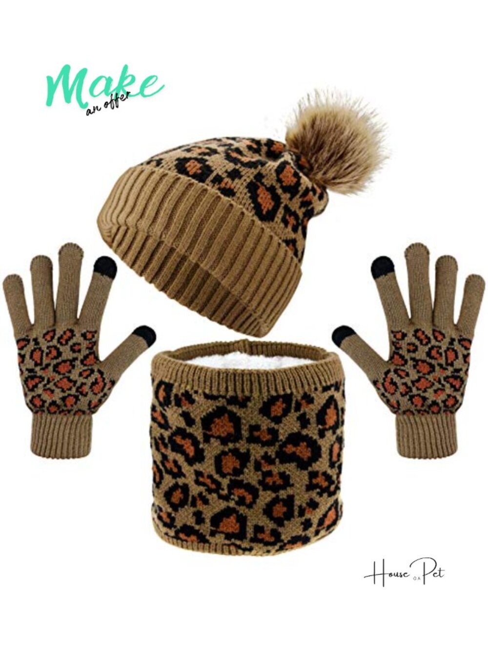 3 Piece Leopard Print Knit Hat Scarf Gloves Set Women Teens Cold Weather
